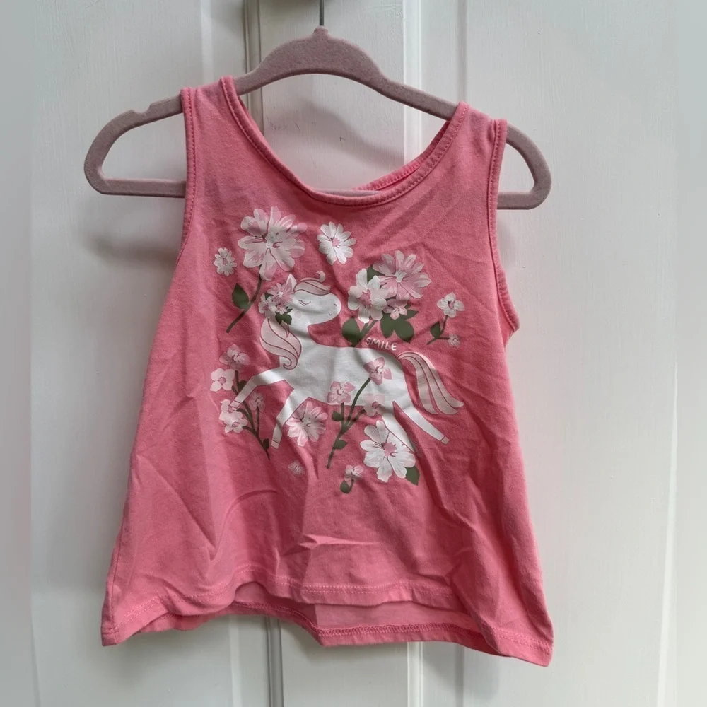 The Children's Place 2T Girls Pink & White Unicorn Pony Floral Tank Top Shirt